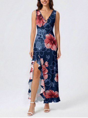 Robe hawaïenne à imprimé fleuri, volants et fente - DEEP BLUE - M