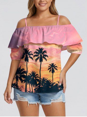 Blouse à épaules dénudées à volants hawaïens, imprimé cocotier dégradé ciel - PINK - 4XL