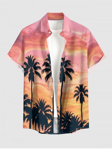 Chemise hawaïenne pour homme, à boutons et poche, imprimé cocotier et ciel dégradé - PINK - 3XL