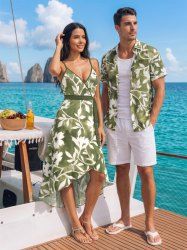 Flower Leaf Tie Dye Print Matching Hawaii Beach Outfit For Couples -  