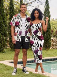 Tenue assortie hawaïenne pour couple à imprimé rayures zèbre, feuilles et fleurs - Blanc Lait 