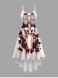 Robe débardeur à ourlet asymétrique Halloween à imprimé squelette et rose - Rouge foncé S