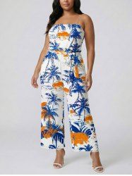 Combinaison hawaïenne à imprimé cocotier et soleil avec poche, ceinture amovible et bretelles amovibles - Bleu L