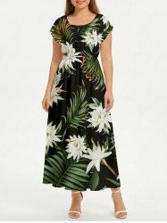 Robe midi hawaïenne à épaules tombantes, imprimé fleurs tropicales et feuilles -  4X