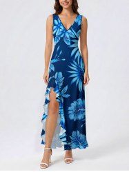 Robe hawaïenne à volants fendue à imprimé tropical fleurs et feuilles - Cadetblue XXXL