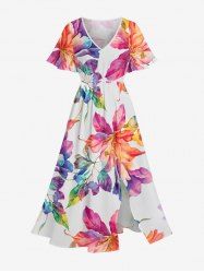 Robe midi trapèze hawaïenne à imprimé ombré fleurs et feuilles avec poches fendues - Rose clair XS