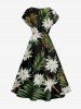 Robe midi hawaïenne à épaules tombantes, imprimé fleurs tropicales et feuilles -  4X