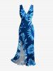 Robe hawaïenne à volants fendue à imprimé tropical fleurs et feuilles - Cadetblue XXXL