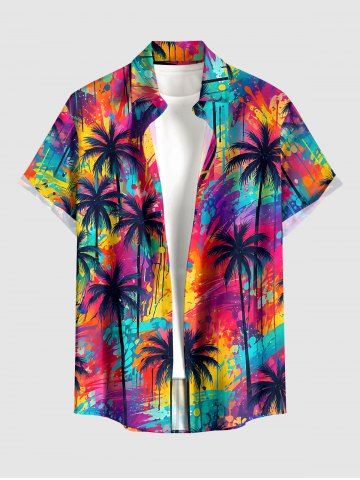 Coconut Tree Painting Graffiti Print Hawaii Button Pocket Shirt For Men - PURPLE - 6XL