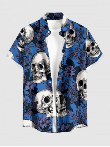 Skulls Flower Leaf Branch Print Hawaii Button Pocket Shirt For Men - BLUE - 2XL
