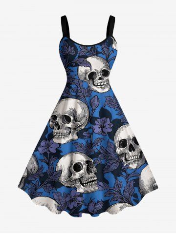 Robe trapèze hawaïenne à imprimé crânes, fleurs, feuilles et branches - BLUE - 3X