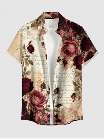 Chemise hawaïenne à boutons avec poche pour homme, imprimé roses, fleurs, feuilles et lettres