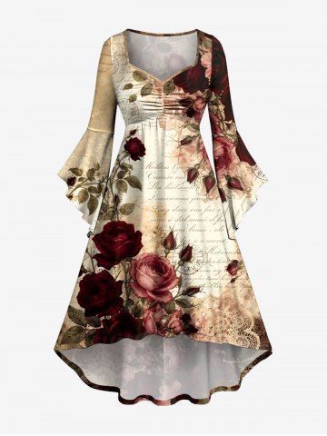 Rose Flower Leaf Letters Print Hawaii Ruched High Low Asymmetric Dress - TAN - 6X