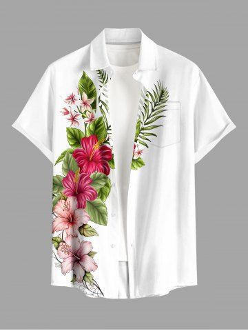 Tropical Leaf Hibiscus Flower Print Hawaii Button Pocket Shirt For Men - WHITE - 4XL