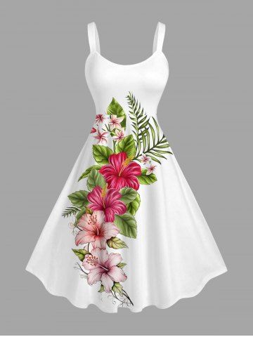 Robe trapèze hawaïenne à imprimé feuilles tropicales et hibiscus - WHITE - M