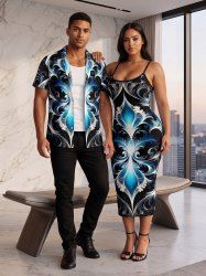 Ensemble de plage hawaïen assorti pour couples, motif floral baroque à volutes vintage - Noir 