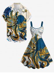 Tenue de plage hawaïenne assortie pour couple à imprimé pieuvre - Paon Bleu 