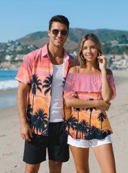 Tenue de plage hawaïenne assortie pour couples avec imprimé cocotier et dégradé ciel - Rose  