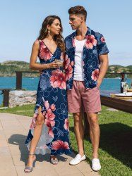 Ensemble de plage assorti à imprimé floral hawaïen pour couple - Bleu profond 