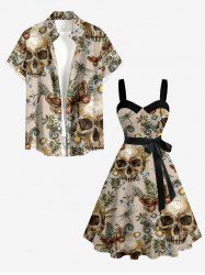 Tenue de plage hawaïenne assortie pour couples à imprimé crânes, papillons, fleurs, feuilles et libellules - Bronze 