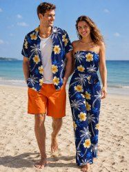 Tenue de plage hawaïenne assortie pour couple avec imprimé cocotier, fleurs et feuilles - Cadetblue 
