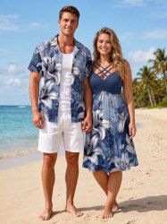 Ensemble de plage hawaïen assorti pour couples à imprimé fleurs et feuilles - Cadetblue 