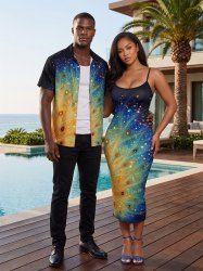 Tenue de plage hawaïenne assortie pour couple, à imprimé pailleté plumes de paon - Bleu de Minuit 