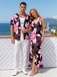 Tenue de plage hawaïenne assortie à imprimé fleurs pour couples - Rose Vif 