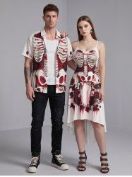 Tenue assortie pour couples avec motif squelette et roses pour Halloween - Rouge foncé 