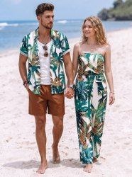 Ensemble assorti hawaïen pour couple avec imprimé cocotier - Turquoise Foncée 