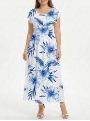 Robe midi hawaïenne à épaules tombantes, imprimé fleurs d'hibiscus et feuilles - Bleu Ciel L