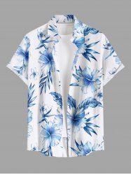 Chemise hawaïenne pour homme avec imprimé fleurs d'hibiscus et feuilles, avec boutons et poche. - Bleu Ciel S