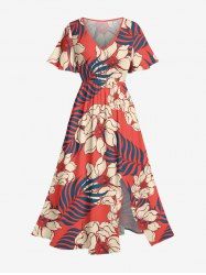 Flowers Tropical Leaf Print Split Hawaii Midi Dress -  