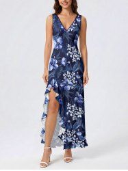Hibiscus Flowers Leaf Print Hawaii Ruffles Split Surplice Dress -  