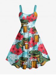 Dinosaur Beer Hibiscus Flower Tropical Leaf Print Hawaii Tank Dress(Adjustable Shoulder Strap) -  