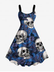 Robe trapèze hawaïenne à imprimé crânes, fleurs, feuilles et branches - Bleu M