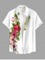 Chemise hawaïenne pour homme à imprimé feuilles tropicales et hibiscus, boutons et poche poitrine - Blanc 6XL