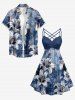 Ensemble de plage hawaïen assorti pour couples à imprimé fleurs et feuilles - Cadetblue 
