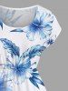 Robe midi hawaïenne à épaules tombantes, imprimé fleurs d'hibiscus et feuilles - Bleu Ciel L