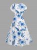 Robe midi hawaïenne à épaules tombantes, imprimé fleurs d'hibiscus et feuilles - Bleu Ciel L