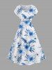 Robe midi hawaïenne à épaules tombantes, imprimé fleurs d'hibiscus et feuilles - Bleu Ciel L
