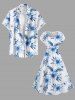 Robe midi hawaïenne à épaules tombantes, imprimé fleurs d'hibiscus et feuilles - Bleu Ciel L