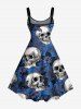 Robe trapèze hawaïenne à imprimé crânes, fleurs, feuilles et branches - Bleu M