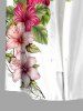 Chemise hawaïenne pour homme à imprimé feuilles tropicales et hibiscus, boutons et poche poitrine - Blanc 6XL