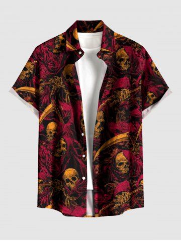 Halloween Skulls Scarf Sickle Print Buttons Pocket Shirt For Men - DEEP BROWN - S