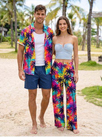 Coconut Tree Painting Graffiti Print Matching Hawaii Beach Outfit For Couples - PURPLE