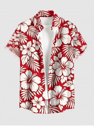 Chemise hawaïenne homme à imprimé feuilles tropicales et fleurs d'hibiscus, à boutons et poche - RED - 6XL
