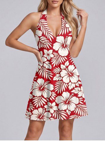 Tropical Leaf Hibiscus Flower Print Hawaii Plunging Halter A Line Dress - RED - M