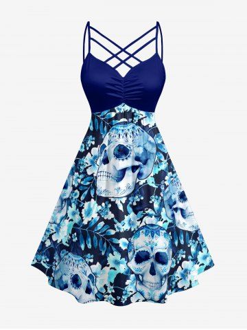 Ethnic Skulls Flower Tropical Leaf Print Hawaii Ruched Crisscross Strappy A Line Dress - DEEP BLUE - 2X