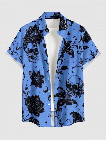 Skulls Flower Leaf Moon Print Hawaii Button Pocket Shirt For Men